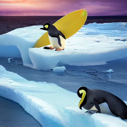 Image similar to emperor penguin surfing riding a big wave using an ice floe as surfboard, trending on artstation