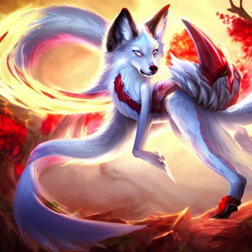 Image similar to league of legends splash art, white and blue, nine-tailed fox, kitsune, asian girl in red and white traditional chinese dress with black fox ears and nine white fox tails, black hair, glowing magical blue spirit orb, forest, shadowy