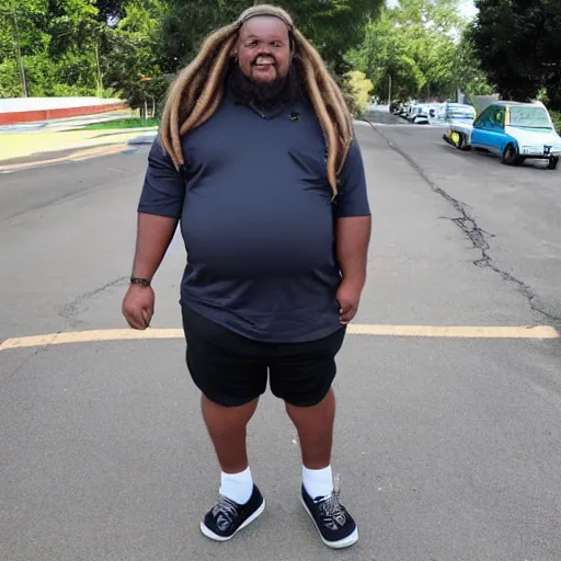 Prompt: overweight african american male school bus driver with dreads, wearing shorts with chubby legs, big moe,