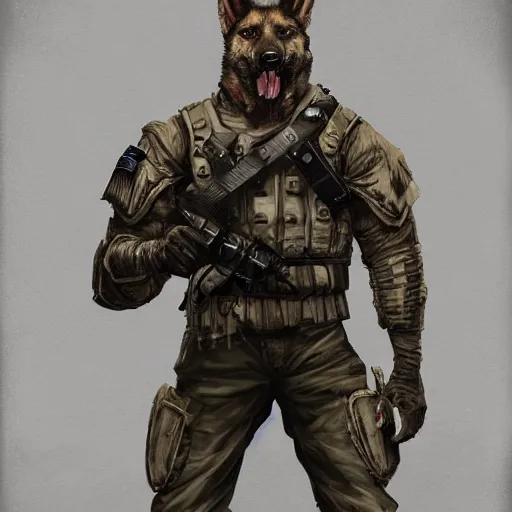 Image similar to a wounded humanoid german shepherd beast - man in military style, sitting on the bed, highly detailed portrait, digital painting, artstation, concept art, smooth, sharp foccus ilustration, artstation