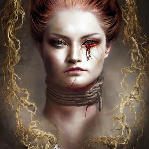 Image similar to portrait of a Shibari rope wrapped face and neck, headshot, insanely nice professional hair style, dramatic hair color, digital painting, of a old 18th century, Royal Emperor, amber jewels, baroque, ornate clothing, scifi, realistic, hyperdetailed, chiaroscuro, concept art, art by Franz Hals and Jon Foster and Ayami Kojima and Amano and Karol Bak,