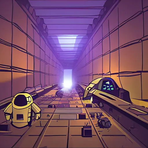 Prompt: a vast dark tunnel with dim lighting with piles of broken spaceships, robots and machines