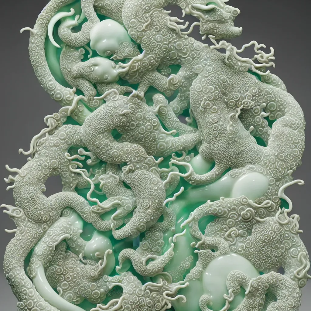 Prompt: A single Close up photo-real delicate ceramic porcelain sculpture of an ornate symmetrical Kitsune detailed in front of an intricate background by Victo Ngai and takato yamamoto, micro detail, backlit lighting, face in focus, subsurface scattering, translucent, thin porcelain, octane renderer, neon green, pink and blue, physically based rendering, japanese pottery, trending on cgsociety