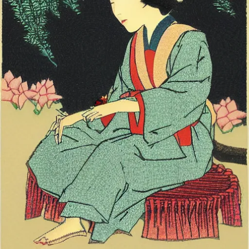 Image similar to hiroshi yoshida woodblock print. beautiful woman sitting near pond.