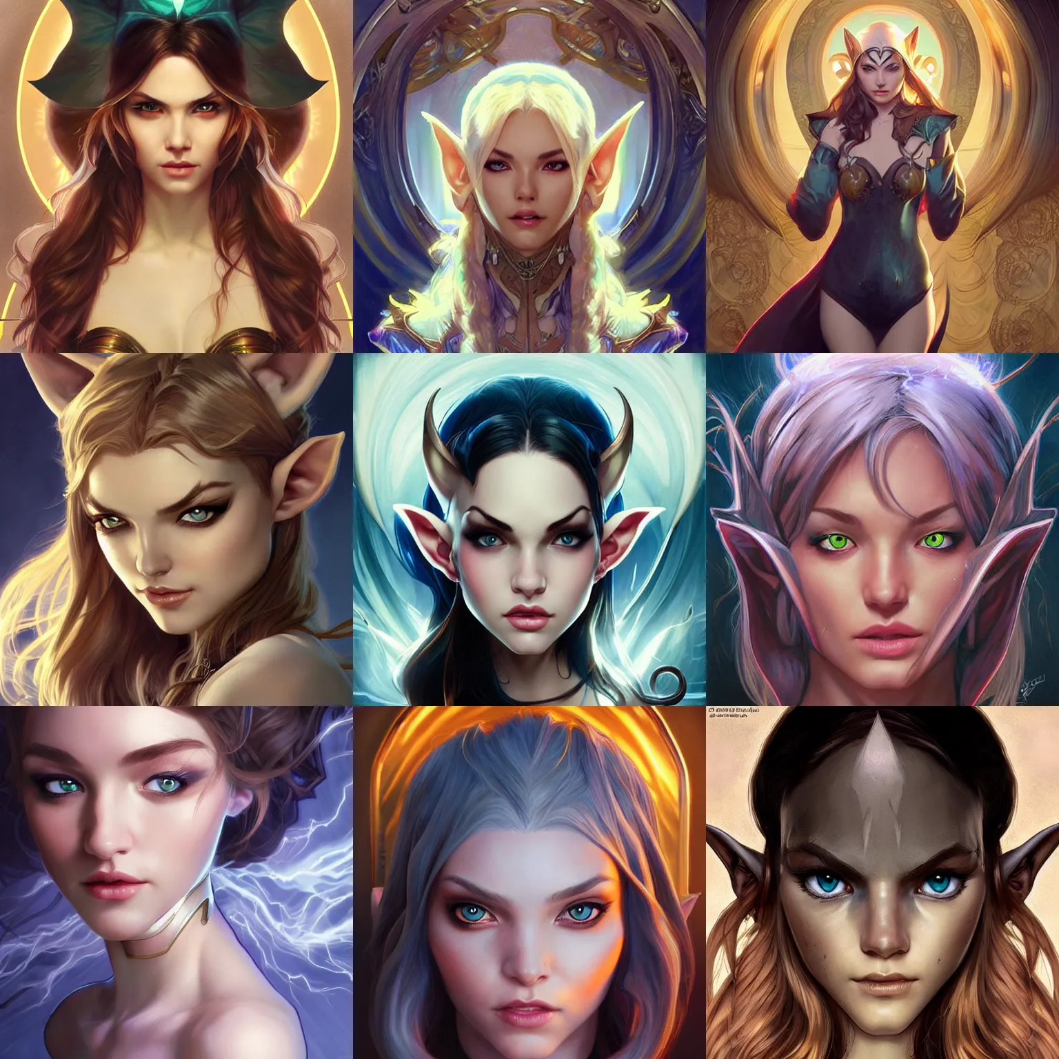 Prompt: character concept portrait, head-on centralized, elf with cat-eyes. Detailed, high quality, dynamic lightning, fantasy. Artwork by artgerm, WLOP, alex ross, greg rutknowski, Alphonse Mucha