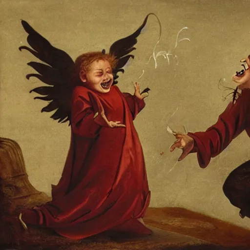 Prompt: an angel laughing at a devils joke