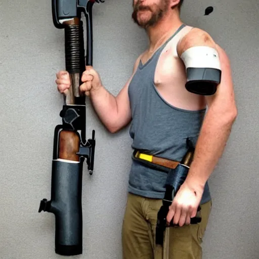 Image similar to man with shotguns as a prosthetic arms