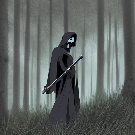 Prompt: a close shot of a grim reaper standing in a forest by studio ghibli, detailed, gloomy, digital art,