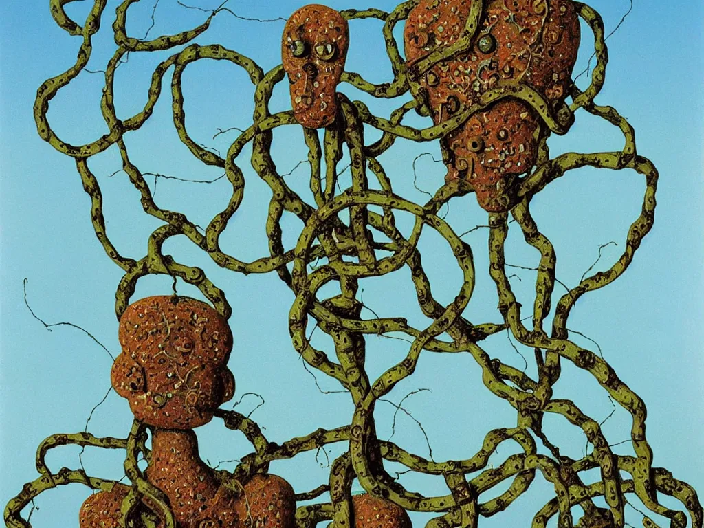 Image similar to painting of a rusty robot overgrown with vines and mushrooms growing out of its head, by Salvador Dali, by Rene Magritte, high quality, simplicity, exquisite