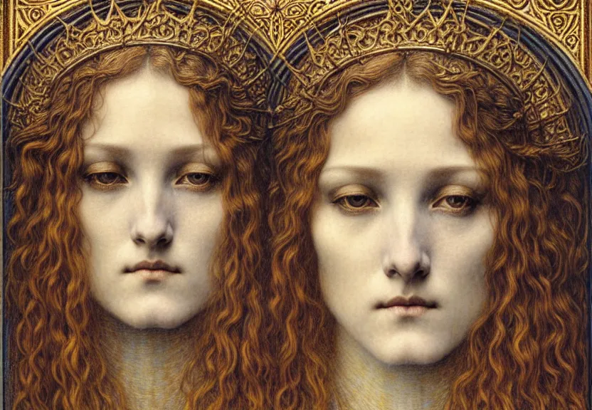 Image similar to detailed realistic beautiful young medieval queen face portrait by jean delville, gustave dore and marco mazzoni, art nouveau, symbolist, visionary, gothic, pre - raphaelite. horizontal symmetry