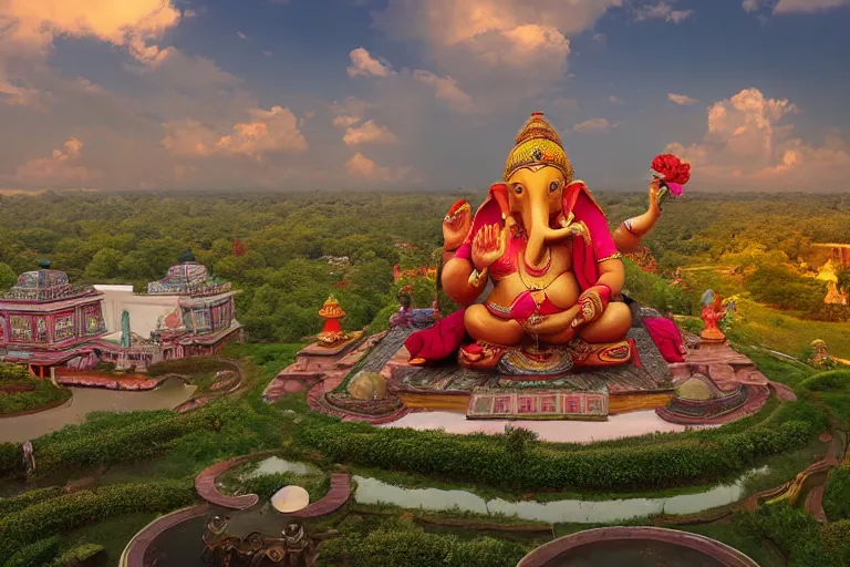 Prompt: high quality 3 d dreamscape! biomorphic ganesha head building in the middle of serene country setting!!, kalighat highly detailed, cinematic smooth, stephen shore & john j. park, soft morning light, wide shot, high angle, uhd 8 k, deep focus