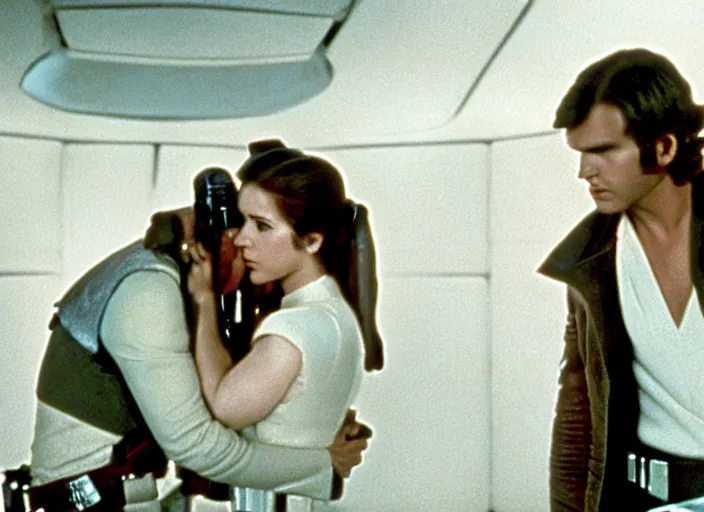 Image similar to screenshot of Han Solo kissing Princess Leia Organa, alone, pensive, iconic scene from 1970s Star Wars film directed by Stanley Kubrick, in a sci fi nursing home architecture, last jedi, 4k HD, cinematic still frame, photoreal, beautiful portraits, moody lighting, stunning cinematography, anamorphic lenses, kodak color film stock