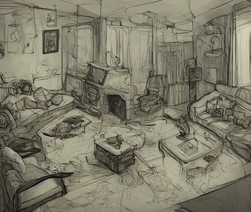 Prompt: An of interior of a living room at night, rotoscoped, rotoscope, photoshop, photomanipulation, realism, painting, illustration and sketch, weird scribbles, hybrid styles, hybrid art styles, mismatched, trending on artstation, trending on deviantart, weird, quirky, interesting, very detailed, highly detailed, HD Quality, 4k resolution, 8k resolution, in the style of David Firth, in the style of James Lee, in the style of Drue Langlois,