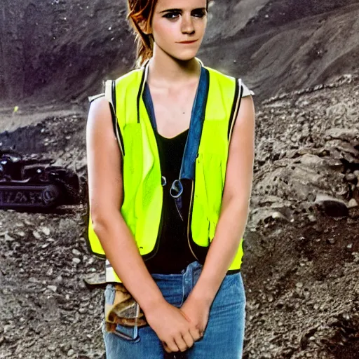 Prompt: photo, close up, emma watson in a hi vis vest, inside coal mine, portrait, kodak gold 2 0 0,