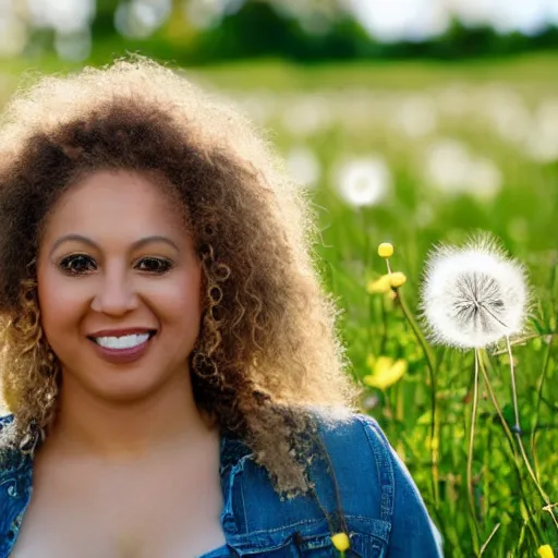 Image similar to a portrait of a beautiful 3 5 year old racially ambiguous woman, curly blond hair, standing in a field of soft focus dandelion flowers on a lovely spring day