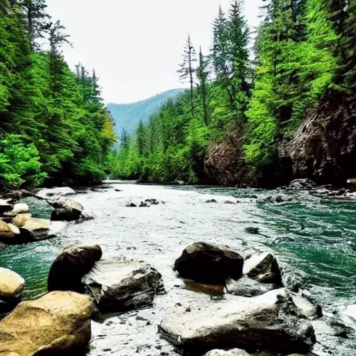 Image similar to a beautiful landscape, river, rocks, trees, cinematic, masterpiece