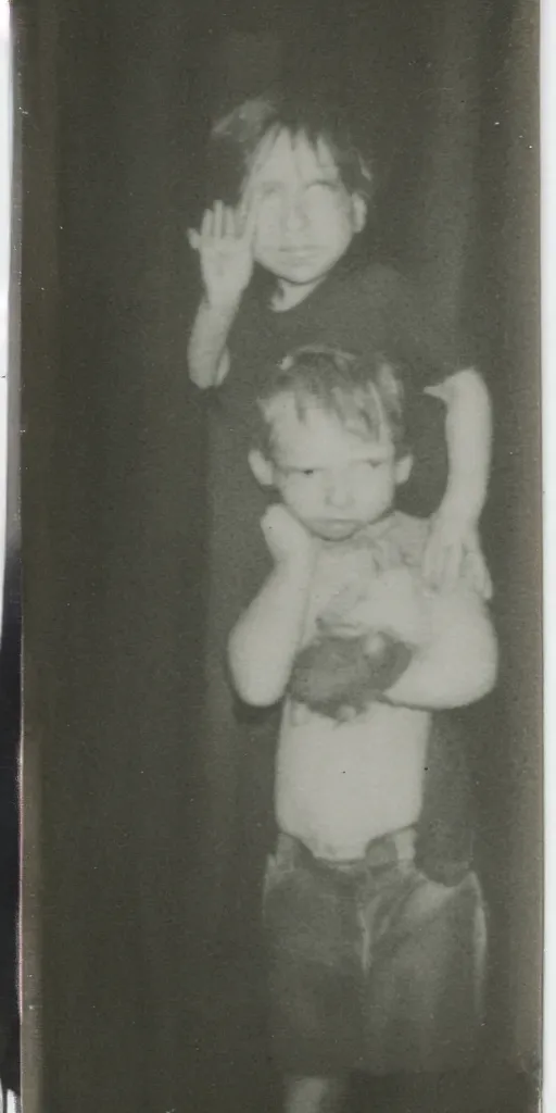 Prompt: found polaroid photo of a young boy with a horrifying figure looming behind him in a musty basement, detailed real photo