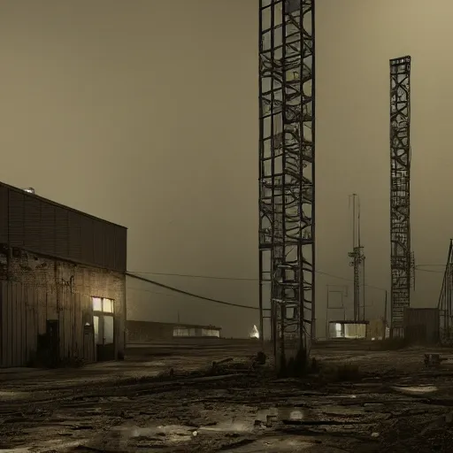 Prompt: desolate industrial site at night, moody, atmospheric, hyperrealism, octane render, photorealistic concept art, highly detailed