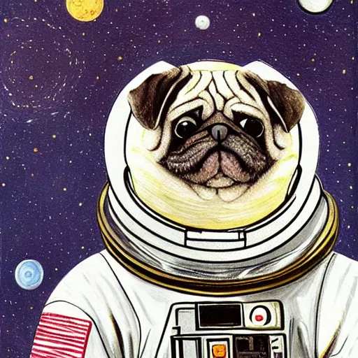 Image similar to golden - ratio, spirals, highly detailed, astronaut pug in outer space painted by davinci.