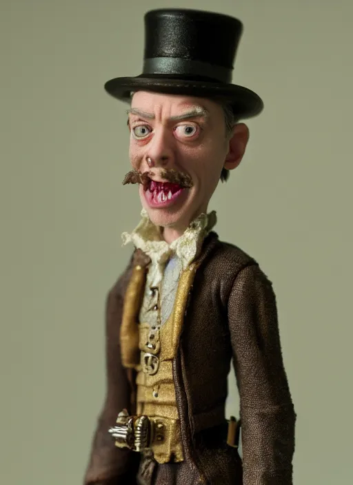 Prompt: product photography of a claymation action figure steampunk steve buscemi, depth of field, zeiss lens, detailed, centered, by erwin olaf, joop geesink, wes anderson, breathtaking, 8 k resolution, extremely detailed, beautiful, establishing shot, realistic materials, hyperrealistic