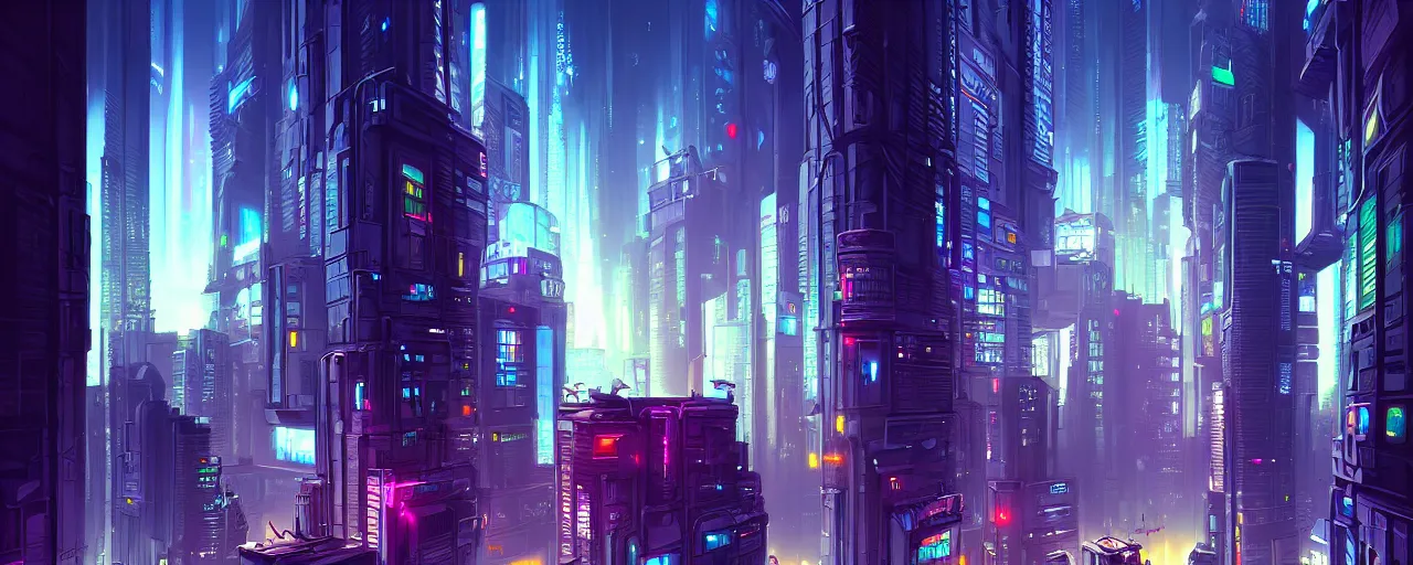 Image similar to A cyberpunk cityscape, by Cyril Rolando, landscape, dramatic lighting, high contrast colors, panoramic view, as trending on Artstation, highly detailed,