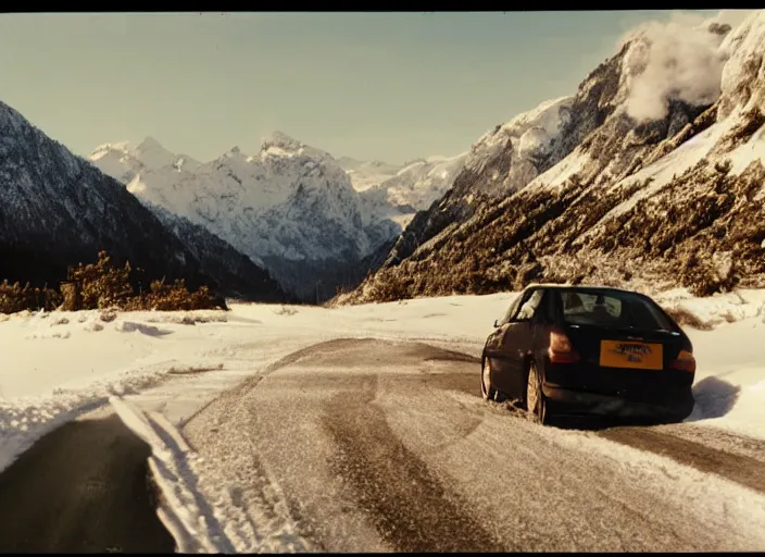 Image similar to A very high resolution image from a new movie, landscape from a car window , mountains, snowy, snowy mountains, Polaroid, directed by wes anderson