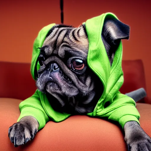 Image similar to a Pug wearing a green hoodie sitting on a couch, photo realistic, trending on artstation, HDR, nicely detailed, 8k