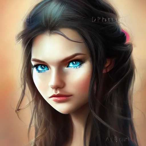 Image similar to portrait of a majestic princess with long black hair and blue eyes, digital art, 4k, artstation