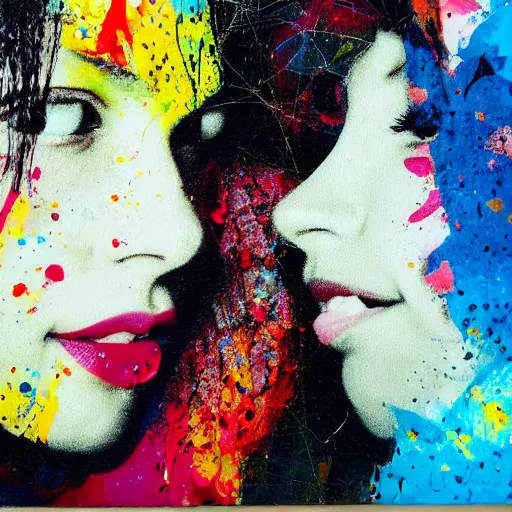 Image similar to double exposure of two women kissing ( closeup ) and an acrylic painting, lomography. this photograph is subsequently printed out and splattered with paint. mixed media collage art with magazines and found art