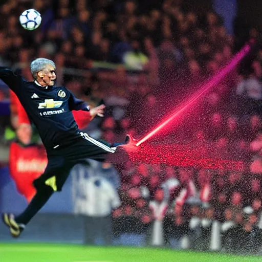 Image similar to close photograph, jose mourinho flying in the sky shooting lasers