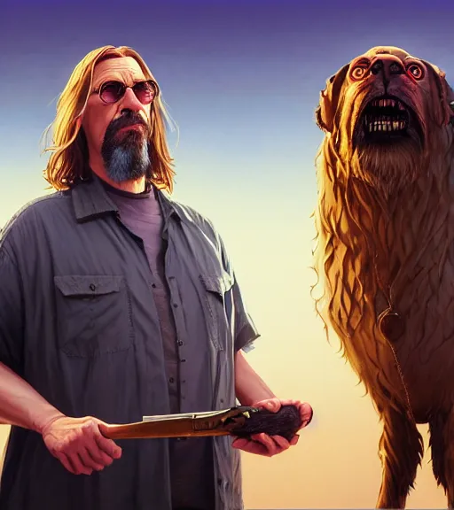 Image similar to highly detailed portrait of the dude from the big lebowski in gta v, stephen bliss, unreal engine, fantasy art by greg rutkowski, loish, rhads, ferdinand knab, makoto shinkai and lois van baarle, ilya kuvshinov, rossdraws, tom bagshaw, global illumination, radiant light, detailed and intricate environment