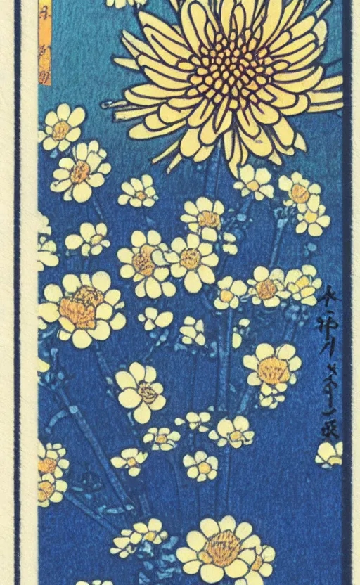 Prompt: by akio watanabe, manga art, a chrysanthemum flower inside a blue and flat sake cup, trading card front