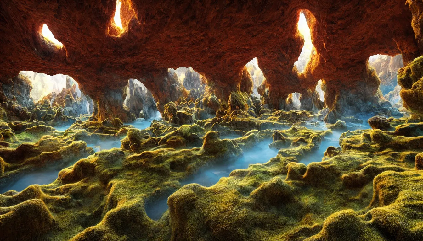 Image similar to expansive caves with growing fungal biodiversity , pools of water reflecting , small city streets emerge in between the rock formations, dramatic dusk sun illuminates areas , volumetric light ,detailed entangled fibres carpet the fallen rocks ,full colour , upscale , 8k