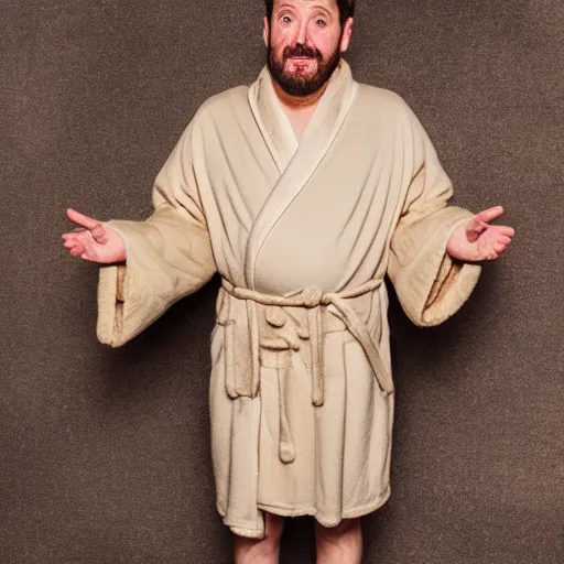 Image similar to richard iv the roman king, excited real human wearing beige bathrobe, soft studio lighting, sigma lens photo, he is dancing and has pregnancy belly