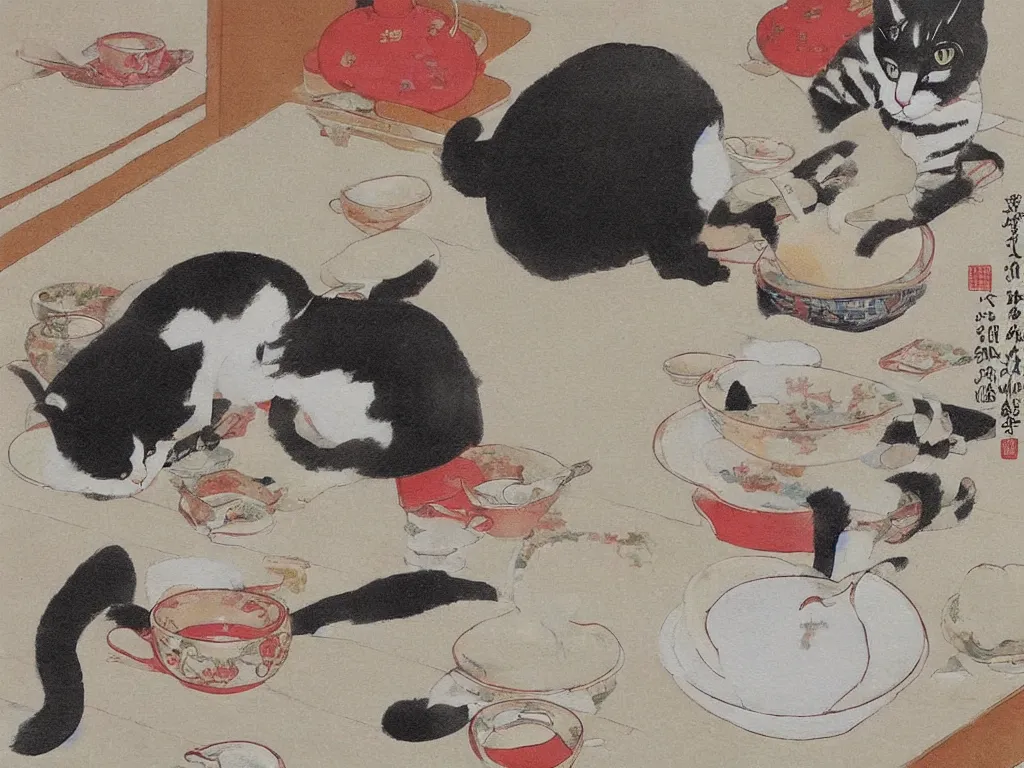 Image similar to cat breaking the china. Painting by Tsuguharu Fujita