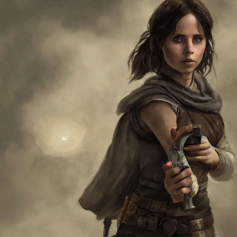 Prompt: portrait of jyn erso as a beautiful medieval wench in a stone courtyard holding a modern telephone, confident pose, coherent, insane detail, concept art, character concept, cinematic lighting, global illumination radiating a glowing aura