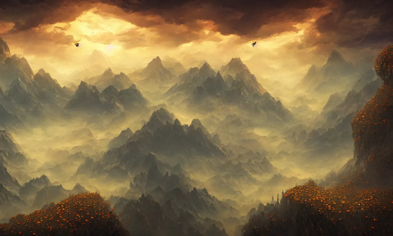 Prompt: breathtaking digital painting of an aerial landscape in luxurious nature, mountains rockas at dawn with roses and golden petals flying, with intricate art nouveau moody dark tumultuous clouds, by anato finnstark and johannes voss, concept art, matte, 8 k,