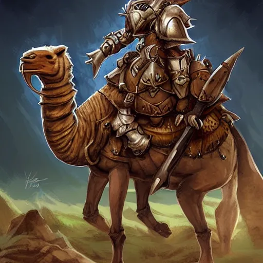 Image similar to Gnoll, metal armor, lance, riding a camel, D&D, fantasy, digital art