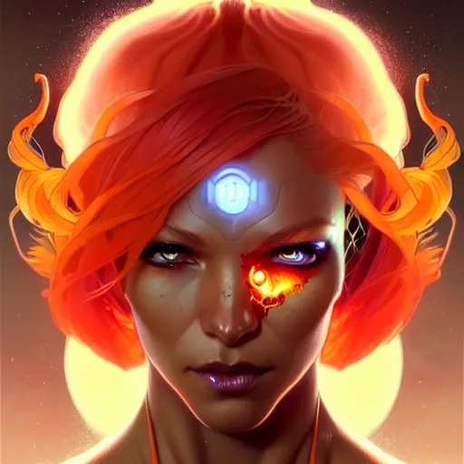 Image similar to cyborg, female, fantasy, flaming hair, portrait, highly detailed, digital painting, beautiful eyes, symmetry, concept art, sharp focus, illustration, art by artgerm and greg rutkowski and magali villeneuve and ilya kuvshinov! : : alphonse mucha : : - 0. 2