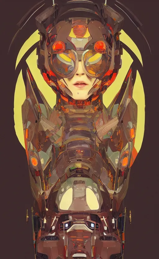 Image similar to upper half portrait of colourful army mecha robot, art by hsiao - ron cheng & alphonse mucha, highly detailed, digital painting, concept art, illustration, smooth sharp focus, intricate, symmetry, blcak background, black backdrop, png, artstation,