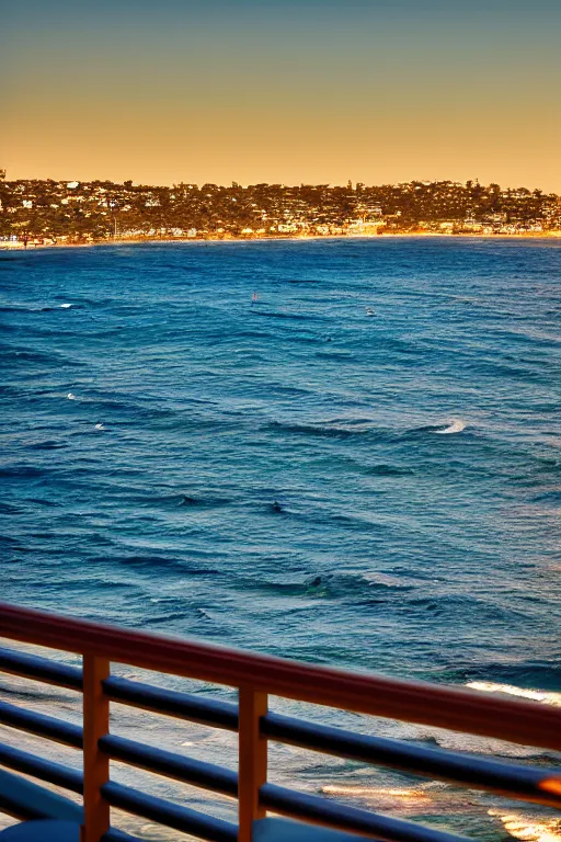 Image similar to View from Bondi Beach balcony, golden hour, depth of field, high resolution, award winning.