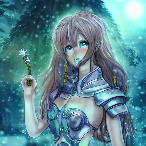 Prompt: portrait focus of knight beautiful 3D anime girl, candy armor wearing, dark forest background, snowing, bokeh, inspired by Masami Kurumada, digital painting, high contrast, unreal engine render, volumetric lighting, high détail