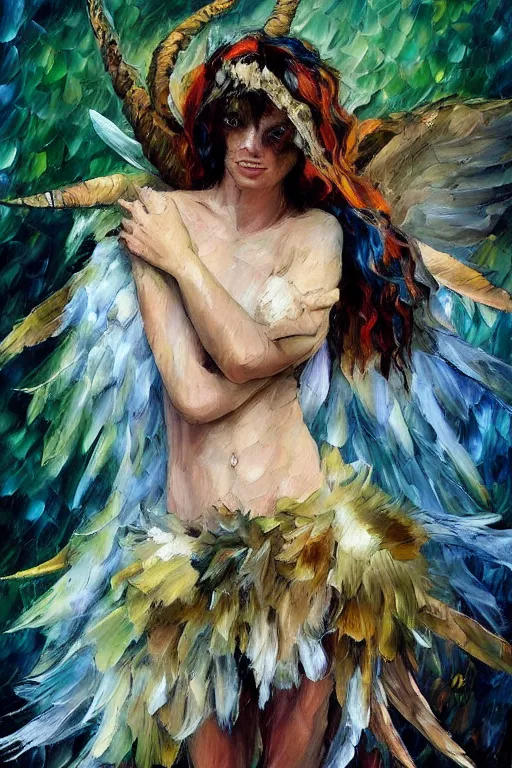 Prompt: palette knife oil painting portrait of a harpy angel girl, feathered long hair, talons, claws, horns, bones,, extreme detail, style by leonid afremov and degas, artstation trending, artgerm, deviant art, octane, substance, art history 8 k, green brown and grey earth tones palette