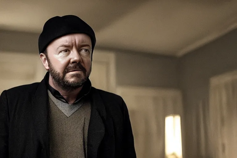 Image similar to an 8 5 mm portrait of ricky gervais as a 1 7 0 0's gangster by gustave baumann and aron demetz, beautiful lighting, dramatic, noise, film