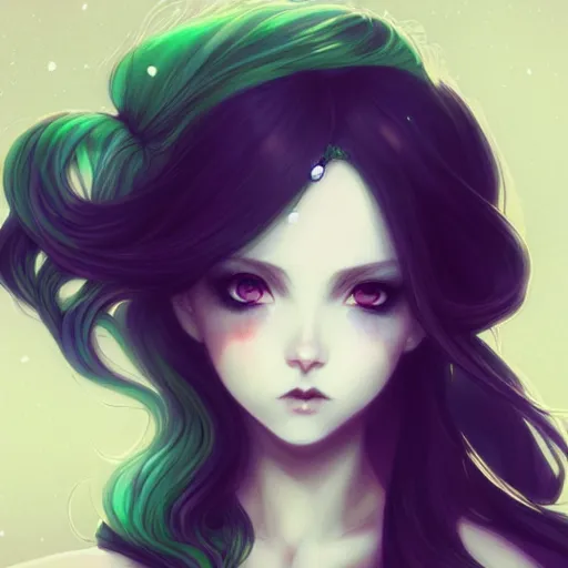 Prompt: facial portrait of a young pretty anime woman, green hair, dark eyes, gothic eyeliner, headshot, Charlie Bowater, Anna Dittmann, WLOP, Rumiko Takahashi, Akihiko Yoshida, Hyung-tae Kim, alexander mcqueen, trending on Artstation