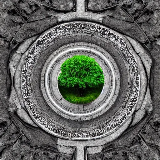 Image similar to soul tree of the earth, perfect symmetry, left side chaos, right side serenity, circular base surrounding grand tree, cinematic, ultrarealistic, intricate detail, finely detailed, small details, extra detail, high resolution, 3D, volumetric lighting, octane render, 8k, ultradetailed, photorealistic,