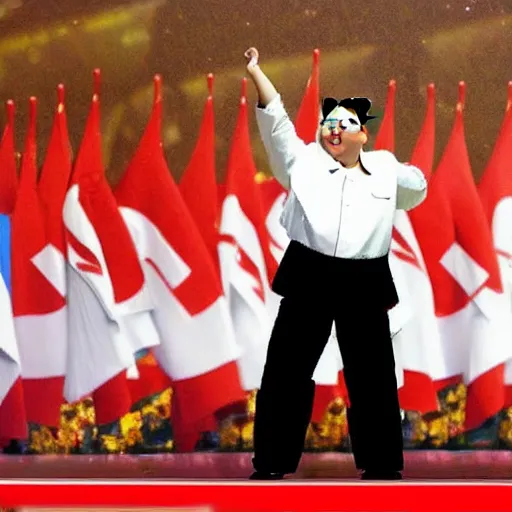 Prompt: kim jong un as k - pop idol dancing on the stage