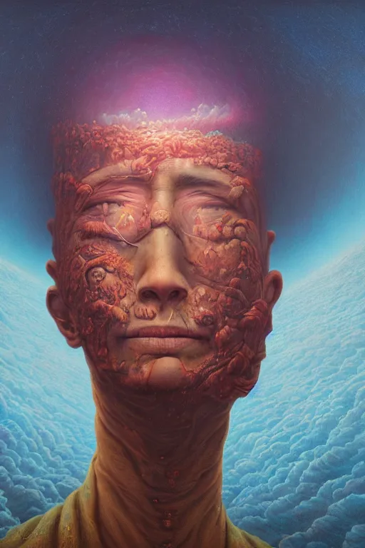 Image similar to 4K Stunningly detailed Ancient Beautiful portrait of a Smile inspired in beksinski and dan mumford work, 4K Upscale remixed with Simon Stalenhag work, sitting on the cosmic cloudscape