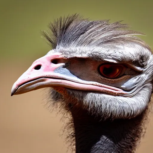 Prompt: ostrich with the head of a velociraptor, highly detailed photo
