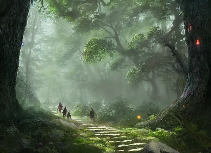 Prompt: A beautiful pathway in a forest, lush trees, flying fairies, a fantasy digital painting by Greg Rutkowski and James Gurney, trending on Artstation, highly detailed